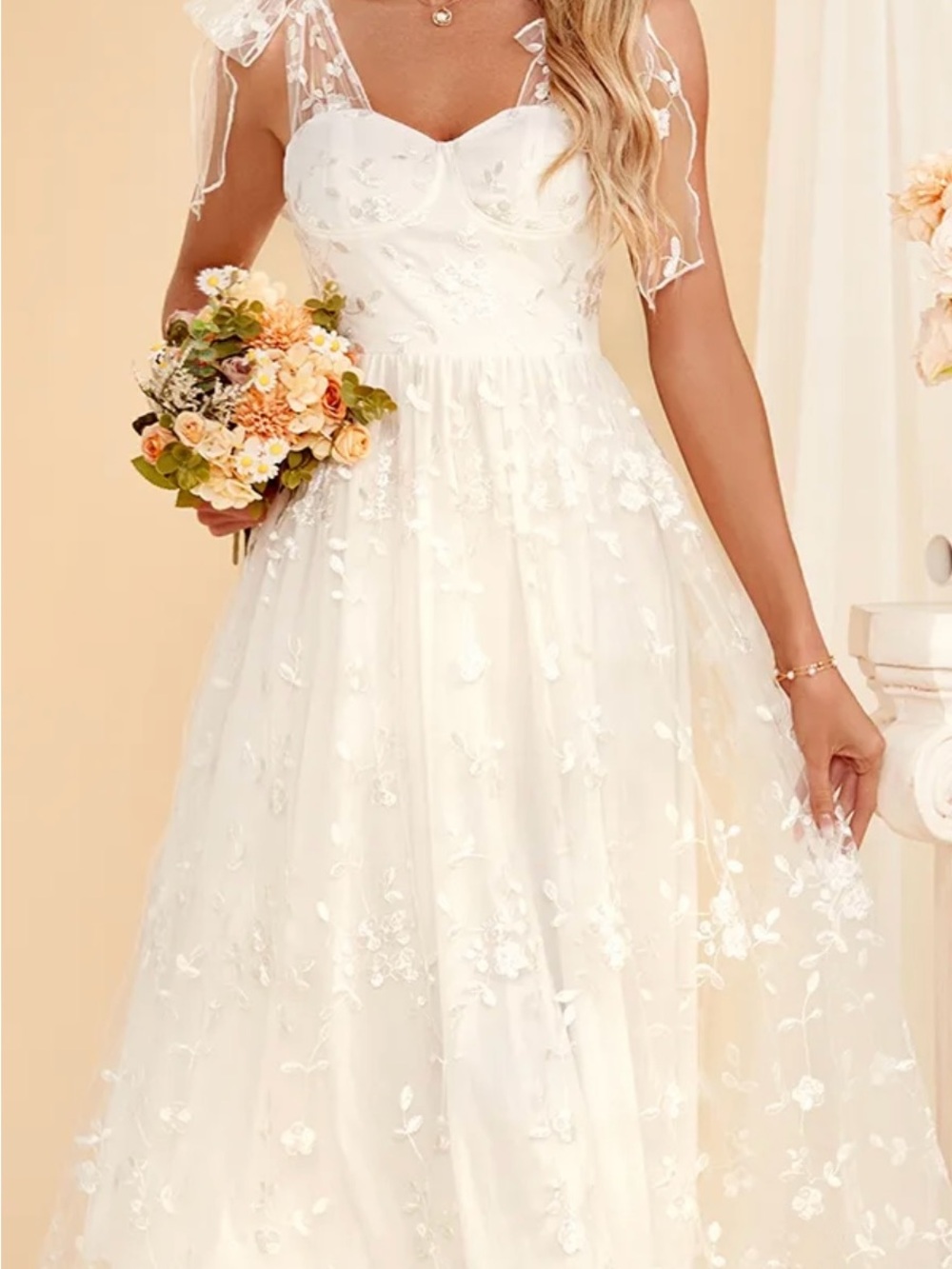 JJs House White Floral Appliqué A-Line Wedding Dress